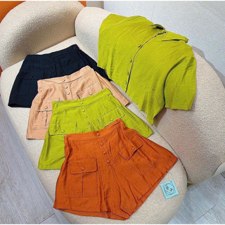 Set đũi xước thoáng mát nút bọc dáng croptop tay ngắn