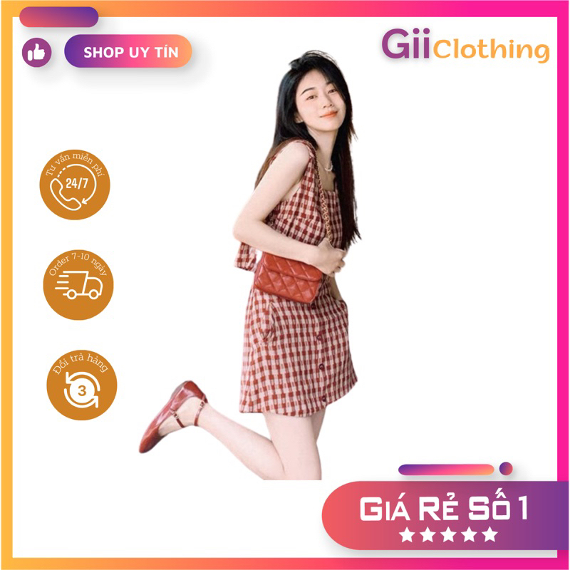 Set váy + áo ba lỗ caro đỏ hãng MORAN