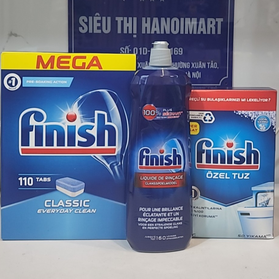 Combo Viên rửa bát Finish classic 110 V + Muối Finish 1.5kg đặc biệt làm mềm nước + 800ml Nước làm bóng Finish