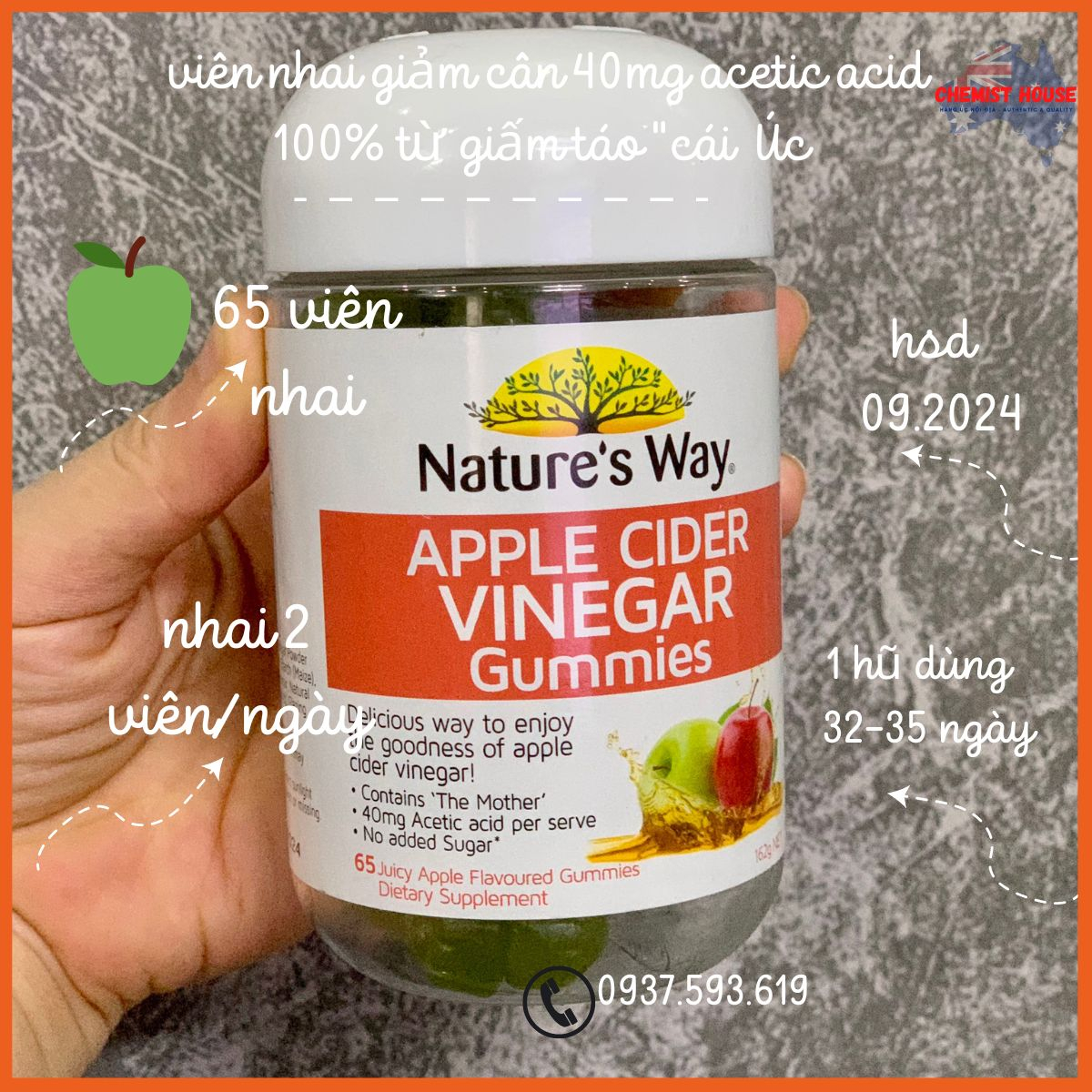 [Hàng Úc] Thạch Giấm Táo Cái Giảm Cân An Toàn Hiệu Quả - Nature's Way Apple Cider Vinegar 65 Gummies Không Đường
