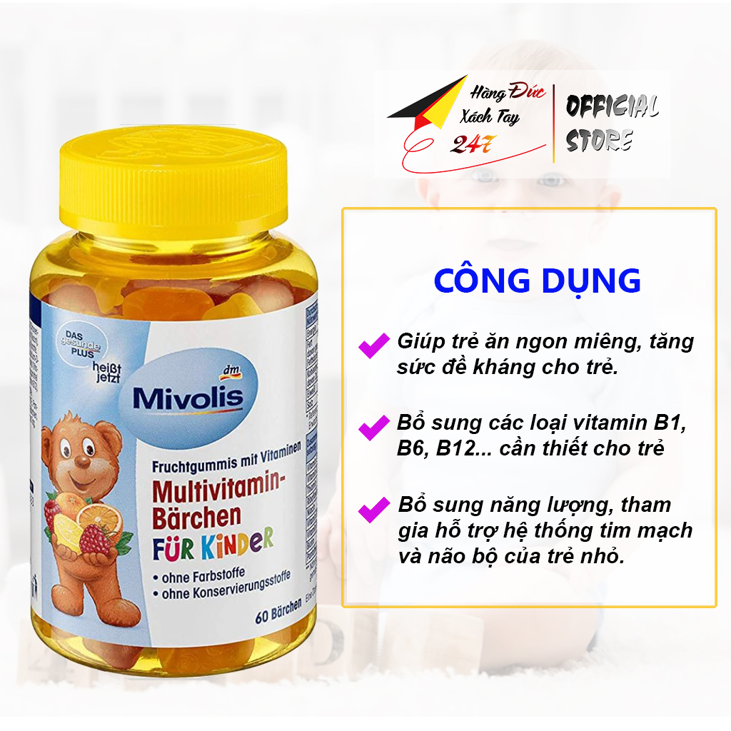 Kẹo gấu Mivolis bổ sung nhiều loại vitamin tổng hợp tăng đề kháng cho trẻ hàng Đức lọ 60v