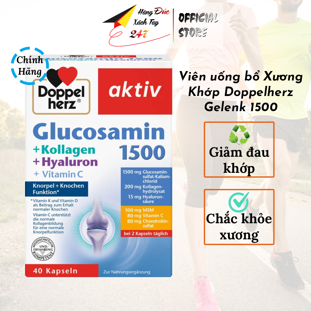 Viên uống bổ khớp Glucosamin 1500 Doppelherz chắc khỏe xương, bôi trơn khớp, chống loãng xương