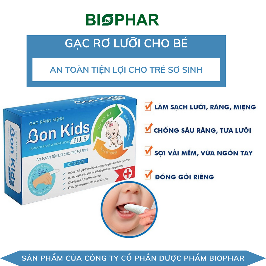 Rơ Lưỡi Cho Bé, Gạc Tưa Lưỡi Vệ Sinh Răng Miệng Trẻ Em BON KIDS PLUS (Hộp 30 Gói)