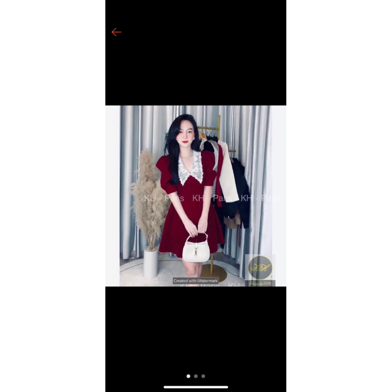 Váy nhung tay bồng cổ ren màu đỏ đô siêu tô da