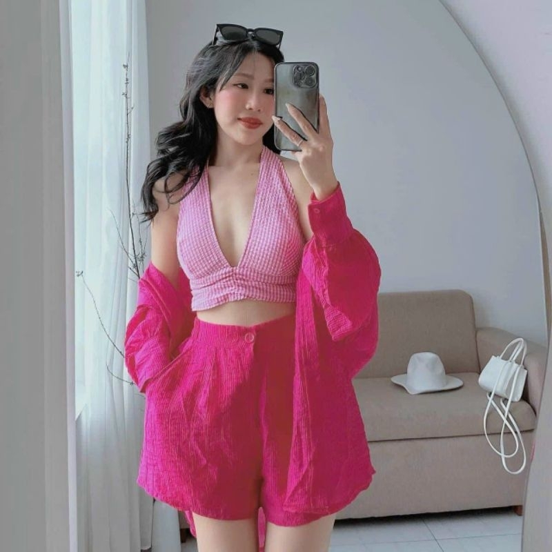 Set ba món bra hai dây kèm sơ mi và short năng động, set đồ đi biển, set bộ 3 món