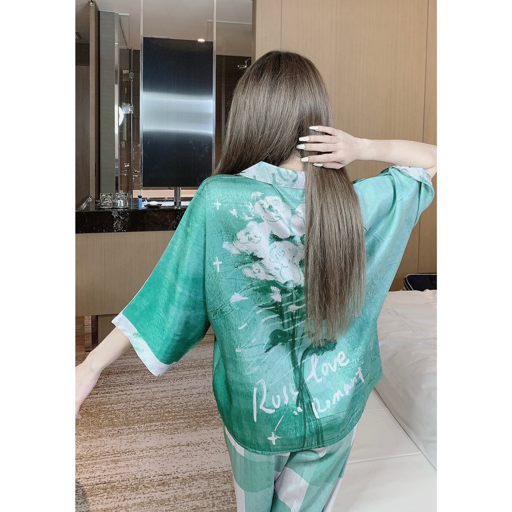 ĐỒ BỘ PYJAMA NỮ XƯỚC hoa xanh loang  - đồ bộ mặc nhà