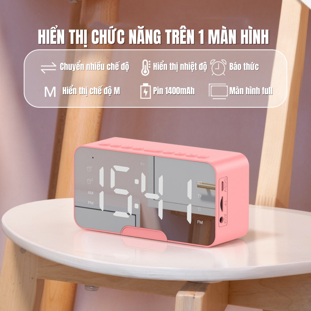 Loa bluetooth kiêm đồng hồ báo thức màn hình tráng gương hiển thị đèn led nghe đài fm radio