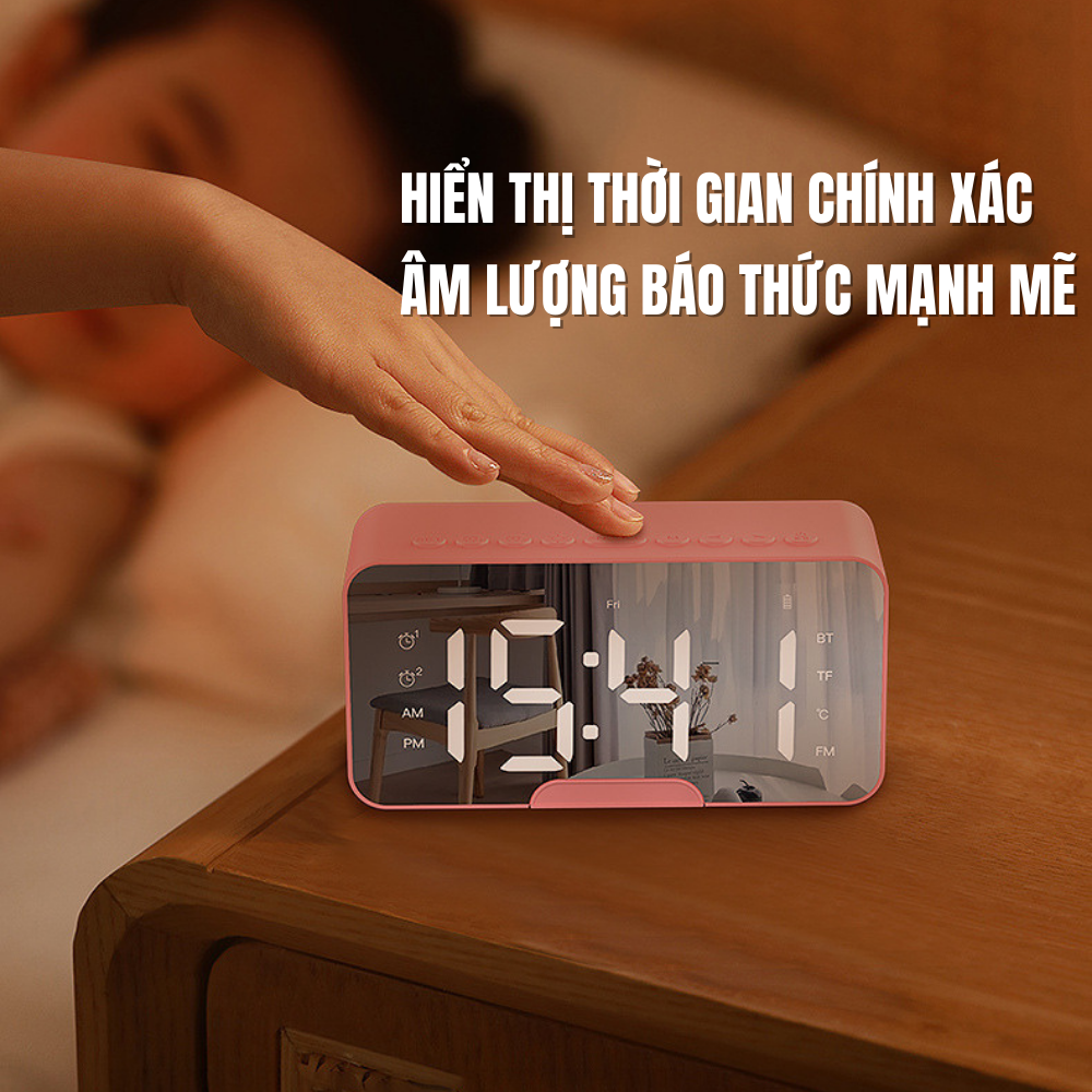 Loa bluetooth kiêm đồng hồ báo thức màn hình tráng gương hiển thị đèn led nghe đài fm radio