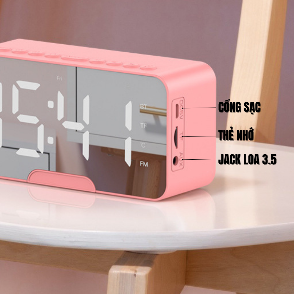 Loa bluetooth kiêm đồng hồ báo thức màn hình tráng gương hiển thị đèn led nghe đài fm radio