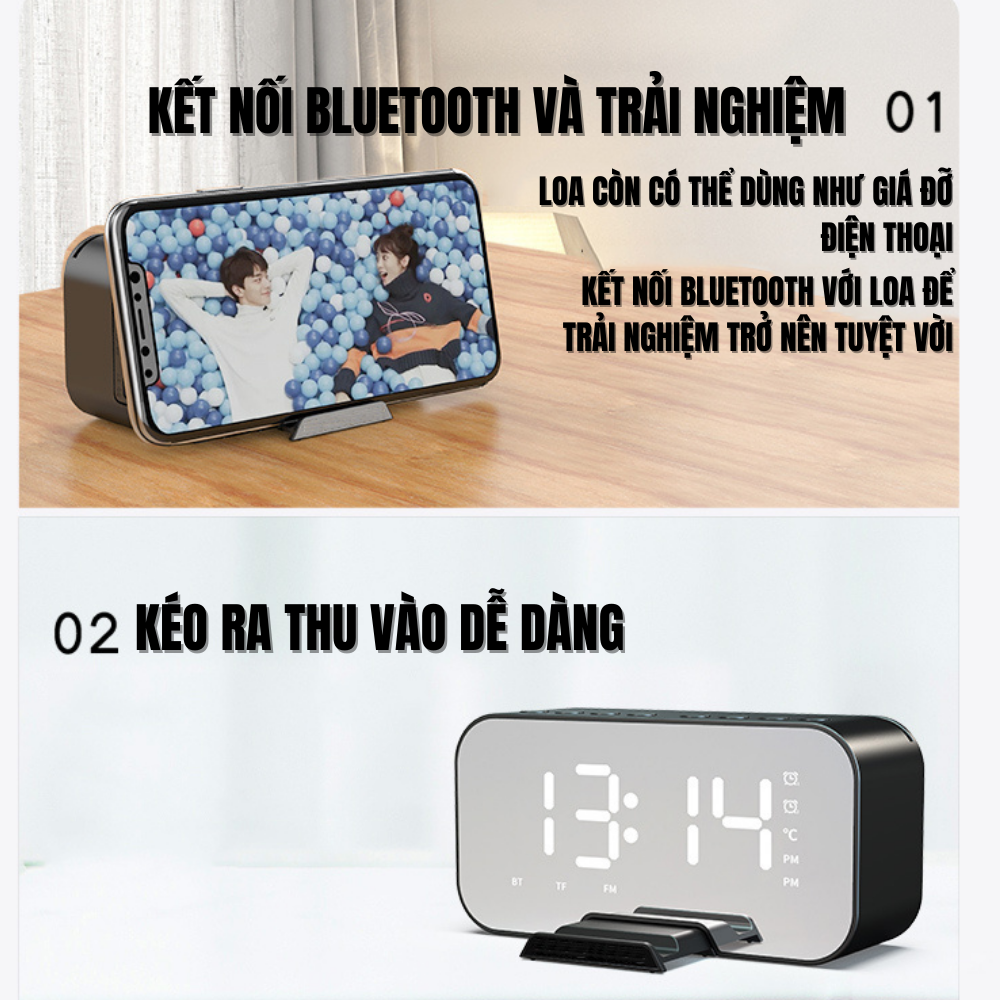 Loa bluetooth kiêm đồng hồ báo thức màn hình tráng gương hiển thị đèn led nghe đài fm radio