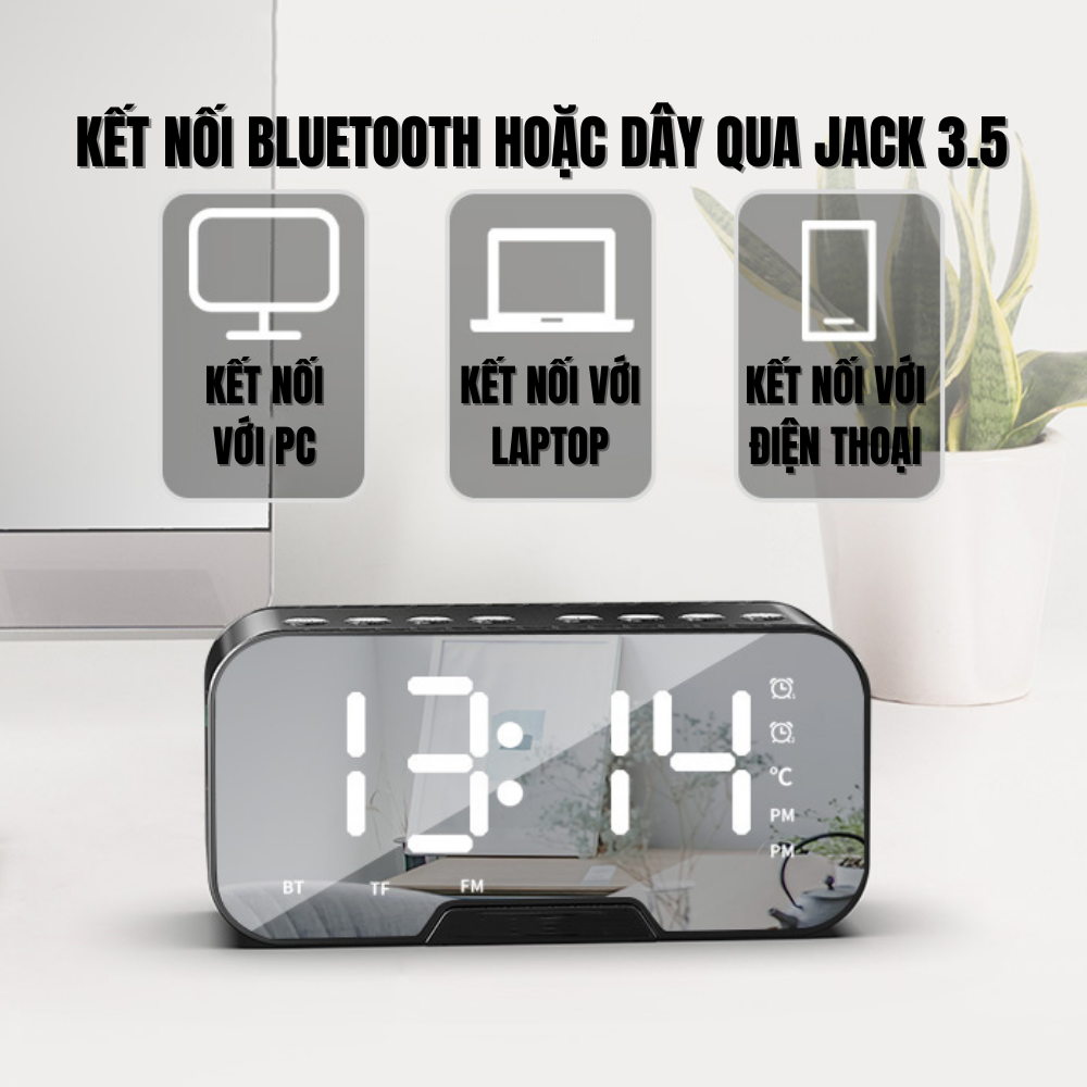 Loa bluetooth kiêm đồng hồ báo thức màn hình tráng gương hiển thị đèn led nghe đài fm radio