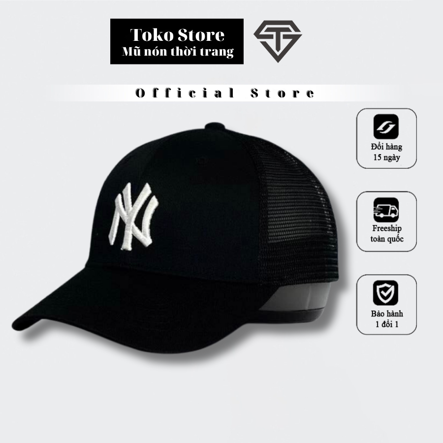Mũ lưỡi trai lưới đen MLB thêu chữ NY trắng Hàn Quốc, nón kết lưỡi trai phong cách Hàn quốc NY đen cao cấp,hàng xuất dư.