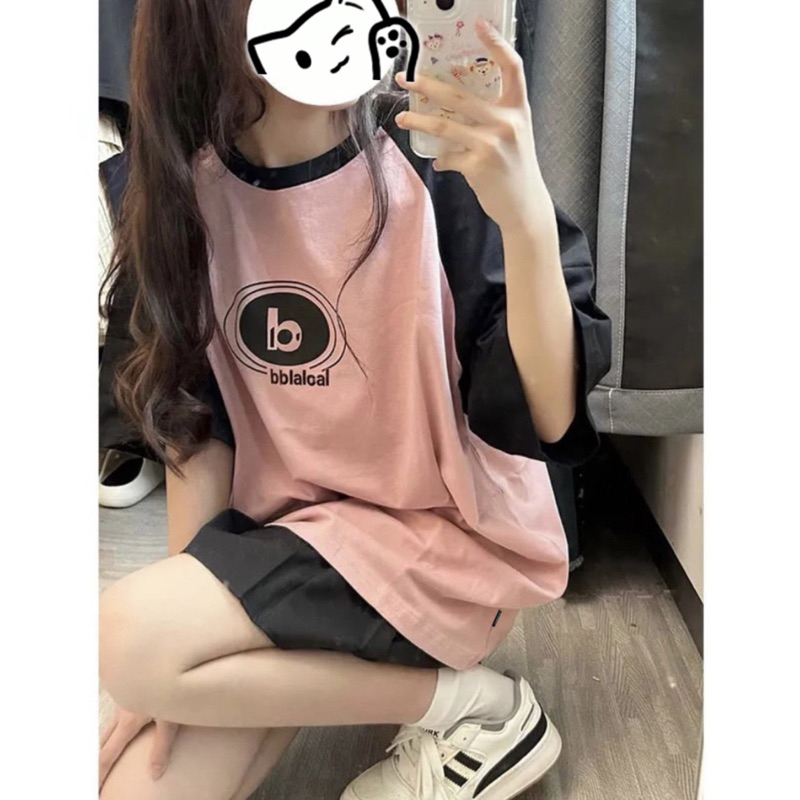 Áo thun phông Raglan logo tay nam nữ PINK tay lỡ form rộng bblaloal Unisex