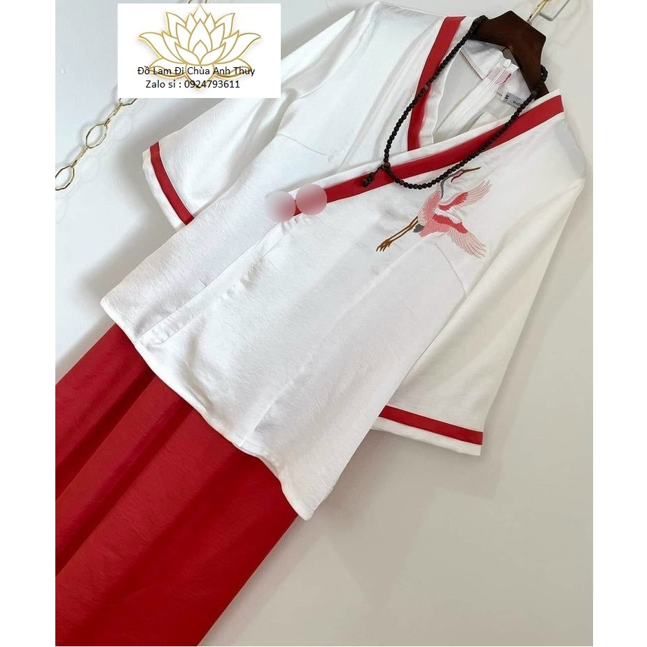 Đồ lam nữ đi chùa , đồ lam nữ đi chùa thêu hạt cổ đáp chéo viền màu Freesize<61kg anh_fashon