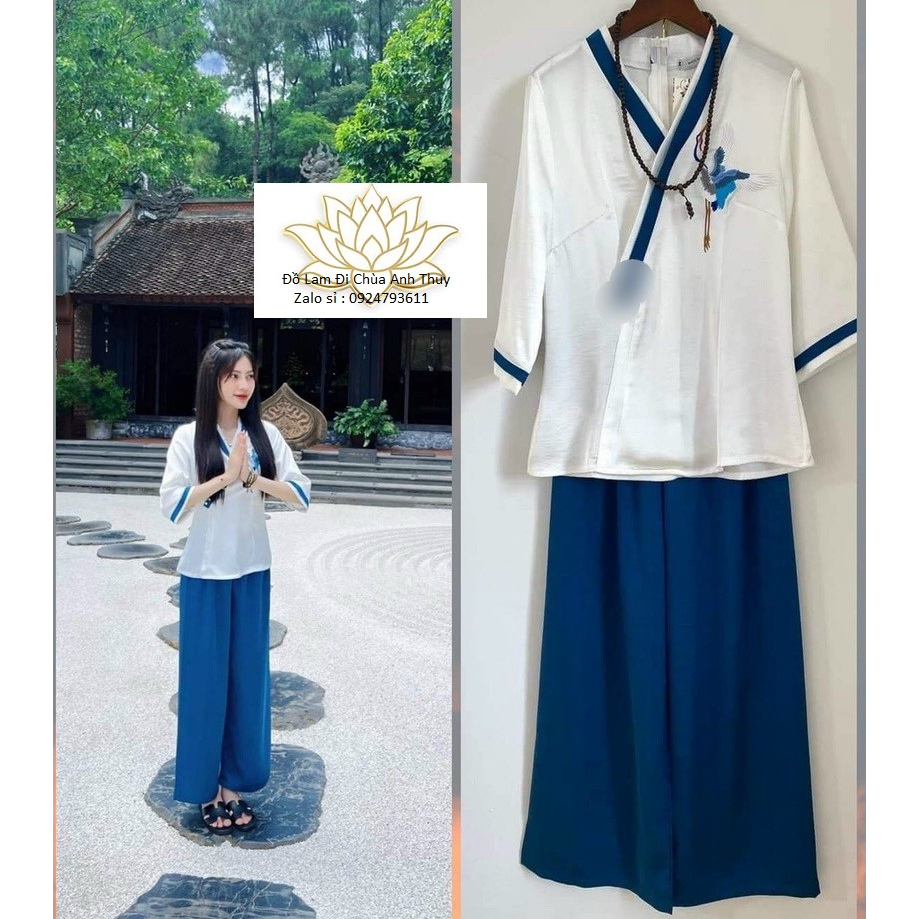 Đồ lam nữ đi chùa , đồ lam nữ đi chùa thêu hạt cổ đáp chéo viền màu Freesize<61kg anh_fashon