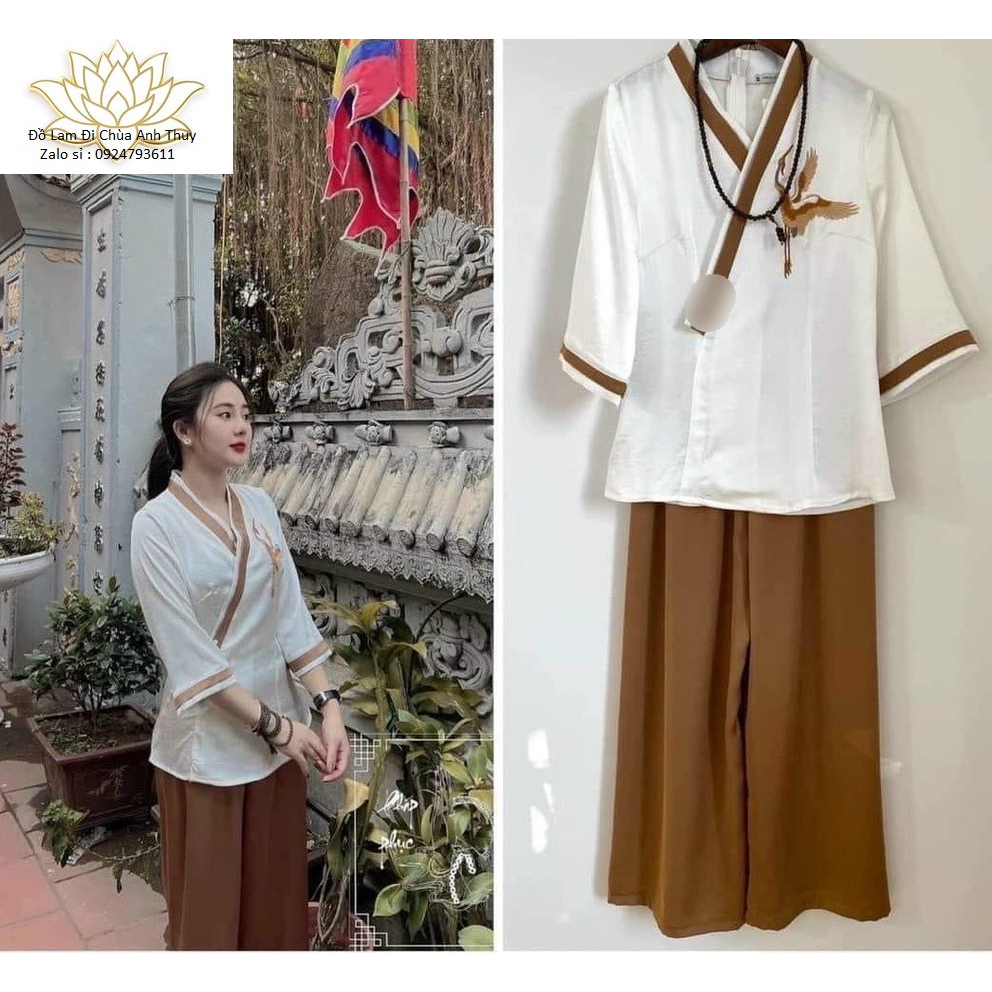 Đồ lam nữ đi chùa , đồ lam nữ đi chùa thêu hạt cổ đáp chéo viền màu Freesize<61kg anh_fashon