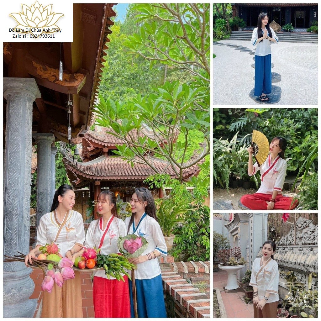 Đồ lam nữ đi chùa , đồ lam nữ đi chùa thêu hạt cổ đáp chéo viền màu Freesize<61kg anh_fashon