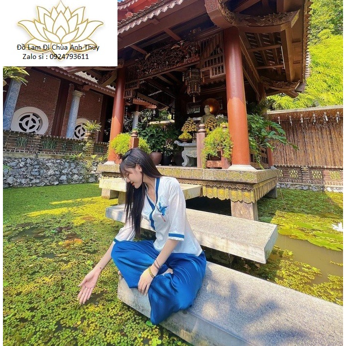 Đồ lam nữ đi chùa , đồ lam nữ đi chùa thêu hạt cổ đáp chéo viền màu Freesize<61kg anh_fashon