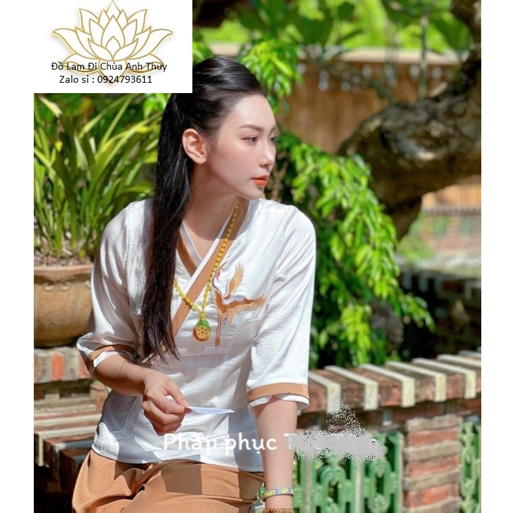 Đồ lam nữ đi chùa , đồ lam nữ đi chùa thêu hạt cổ đáp chéo viền màu Freesize<61kg anh_fashon