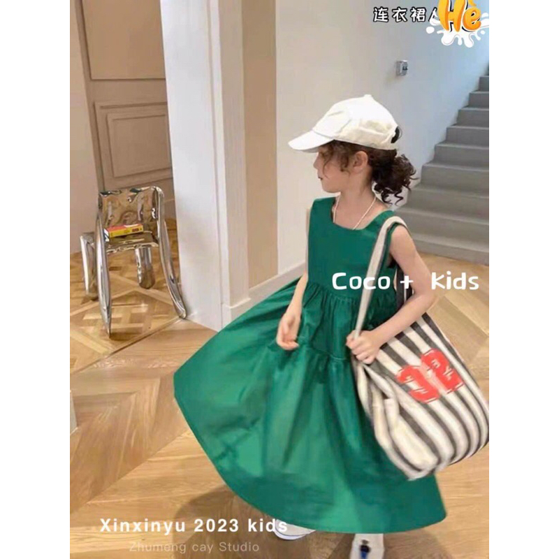 Đầm be gai sát nách cho bé hồng và xanh lá size 12-37kg