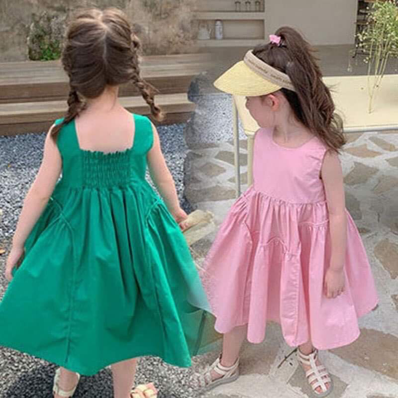 Đầm be gai sát nách cho bé hồng và xanh lá size 12-37kg