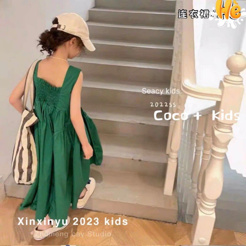 Đầm be gai sát nách cho bé hồng và xanh lá size 12-37kg