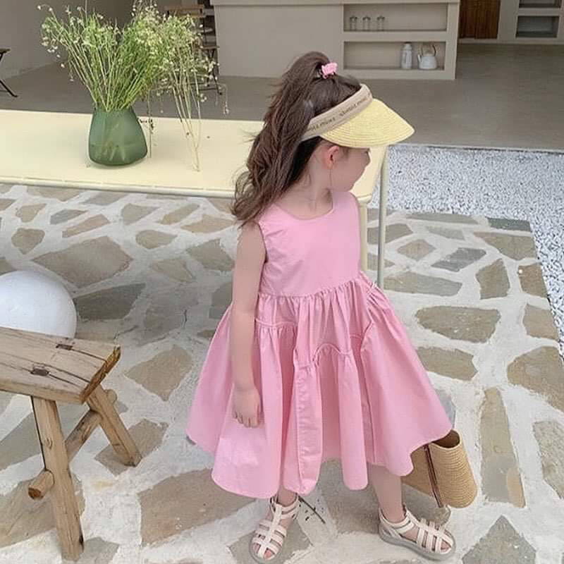 Đầm be gai sát nách cho bé hồng và xanh lá size 12-37kg