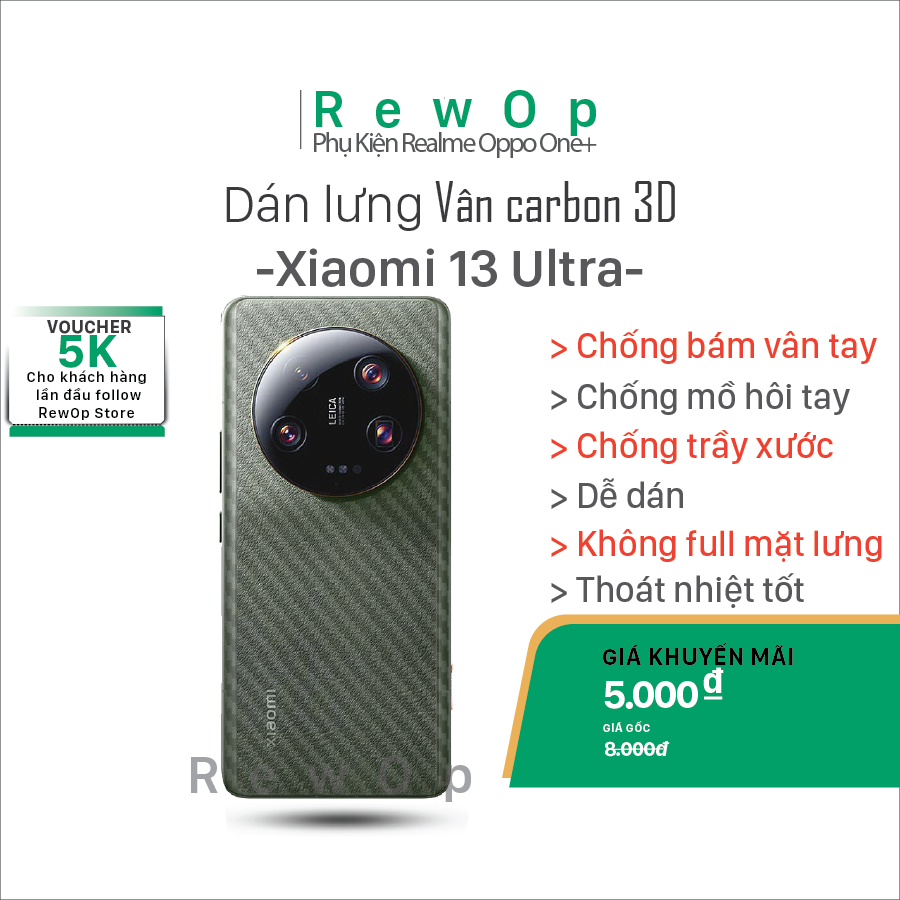 Dán mặt lưng vân Carbon 3D cho điện thoại Xiaomi 13 Ultra -  Không full mặt lưng