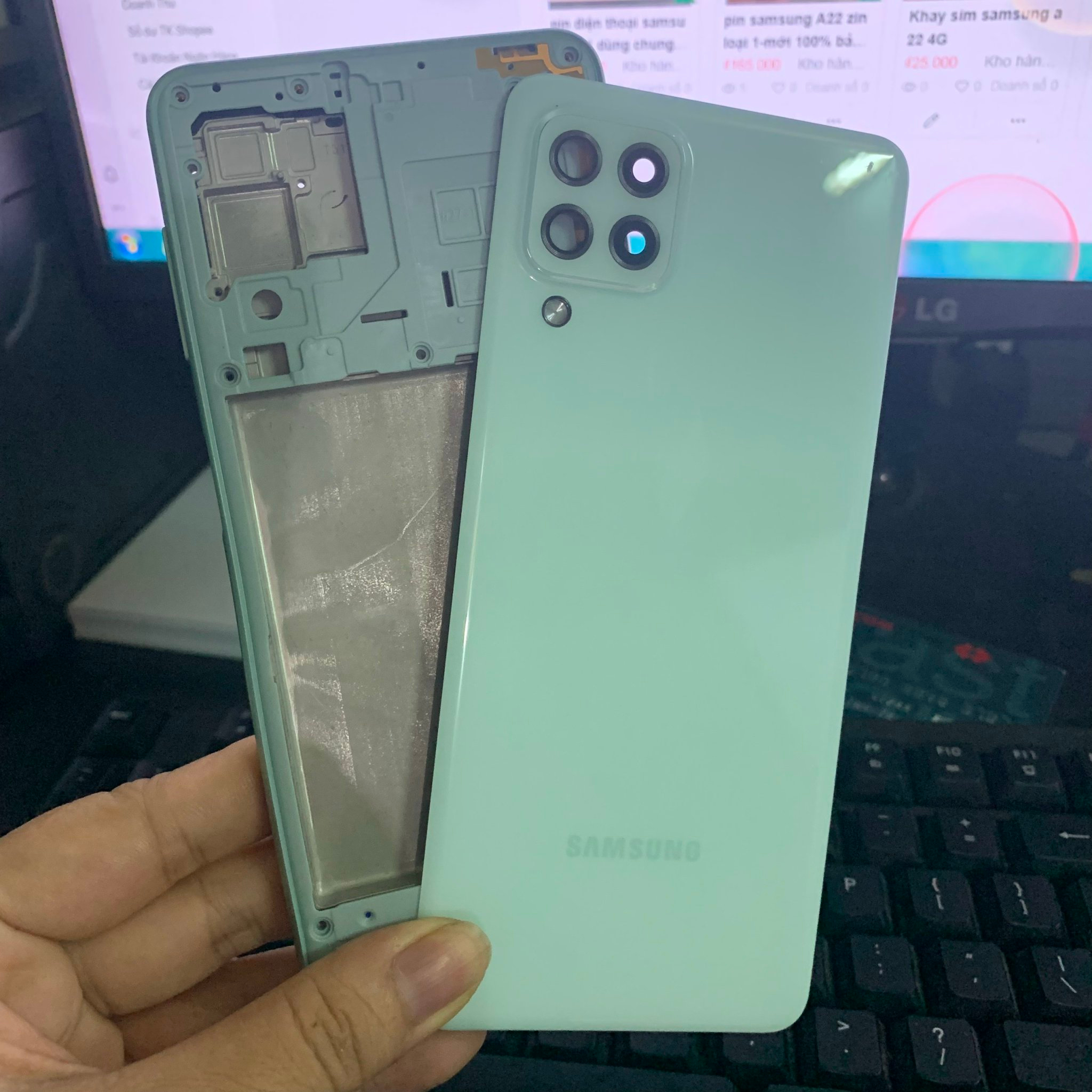 BỘ VỎ SAMSUNG A22 4G ZIN LƯNG CÓ KÍNH CAM