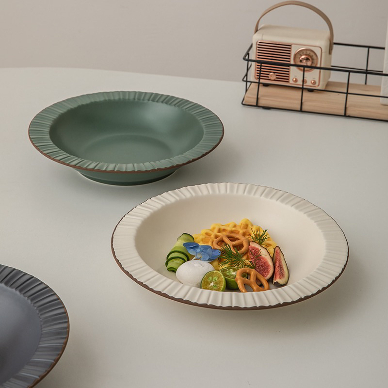 Đĩa viền bèo nâu cao cấp decor phong cách Hàn Quốc, đĩa gốm sứ trang trí bàn ăn nghệ thuật