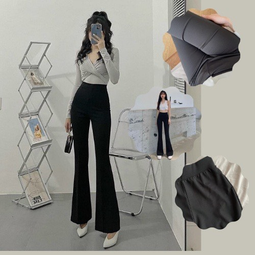 Quần ống loe nữ, Quần leeging loe màu đen lưng cao co dãn bốn chiều siêu hách dáng