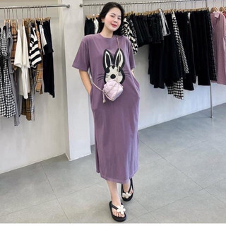 Váy dài, đầm suông cotton dáng dài, cổ tròn, form rộng, in hình thỏ siêu xinh