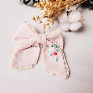 Cột tóc nơ vải linen thêu thủ công