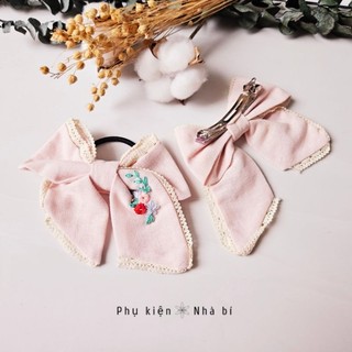 Cột tóc nơ vải linen thêu thủ công