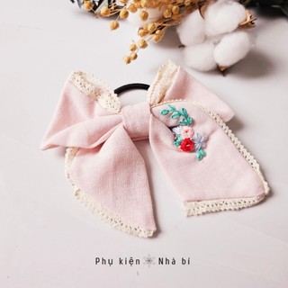 Cột tóc nơ vải linen thêu thủ công