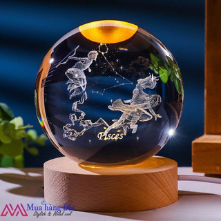 Bộ quà tặng  quả cầu Pha lê khắc laser 3D cung song ngư - Pisces (tặng đế đèn + hộp quà)