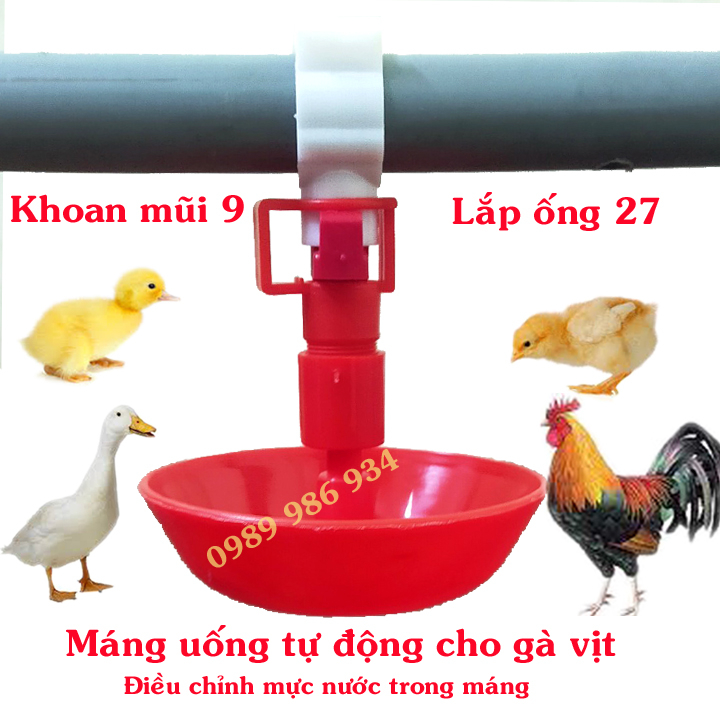 Máng uống tự động cho gà ngan vịt dùng ống 27, điều chỉnh được lượng nước trong máng