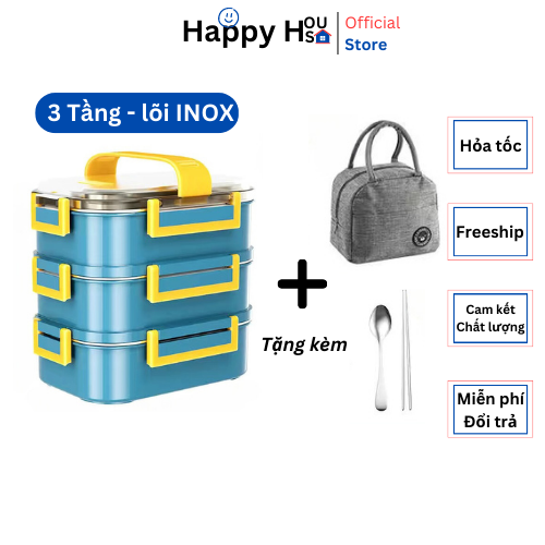 Hộp cơm giữ nhiệt 3 tầng INOX 304 xếp chồng, chống trào nước, có thể dùng cho lò vi sóng