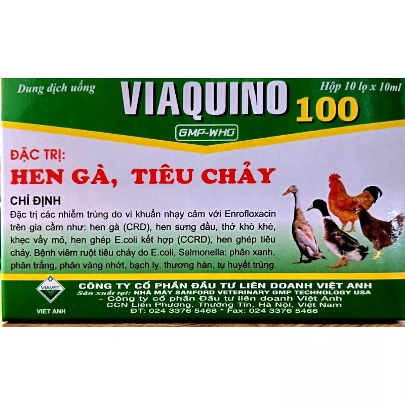 Viaquino 100 lọ 10ml Hen gà, tiêu chảy gà đá, gà chọi, chim cảnh, vịt, ngan, cút