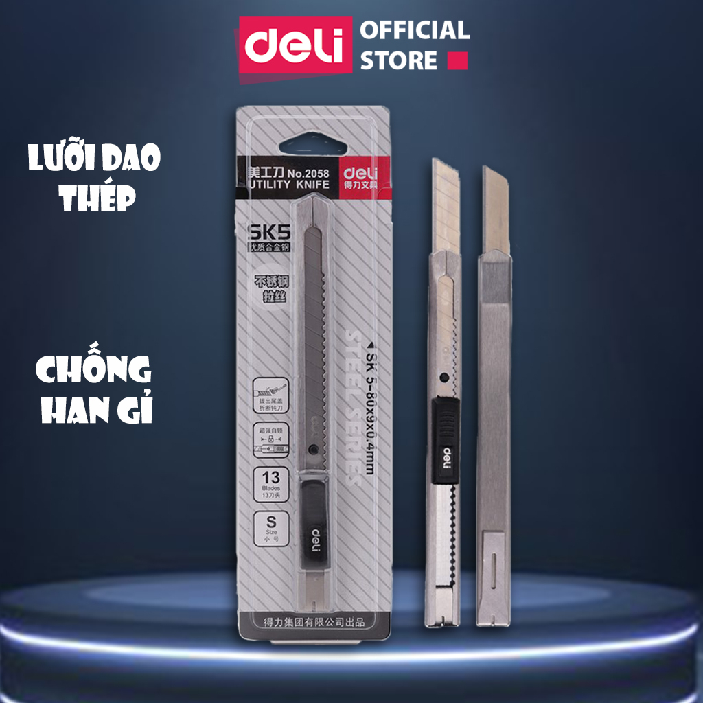 Dao rọc giấy Deli chất liệu kim loại với lưỡi thép không rỉ- Dao rọc giấy văn phòng, học sinh- dao rọc thủ công