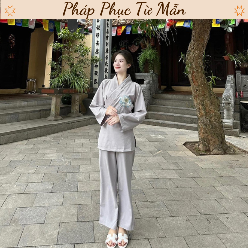 Bộ phật tử nữ đi chùa thêu hoa sen Áo tràng phật tử cổ vạt chéo thêu hoa Pháp phục đi chùa nữ lụa mềm mịn, trang nghiêm