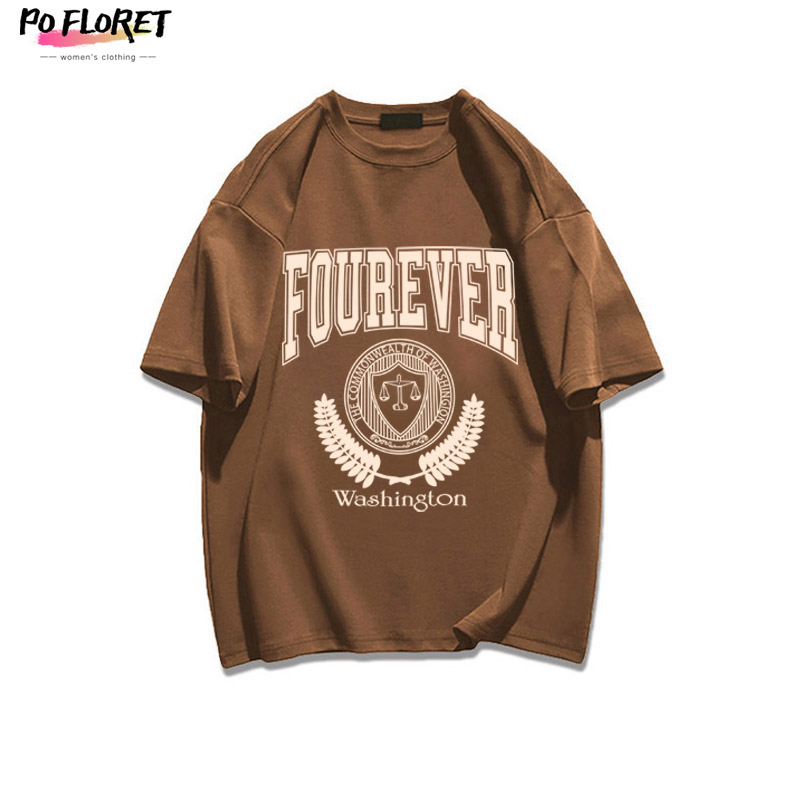 PO FLORET Áo thun unisex rộng huy hiệu cân bằng in Oversize áo phông nữ 100%Cotton nâu