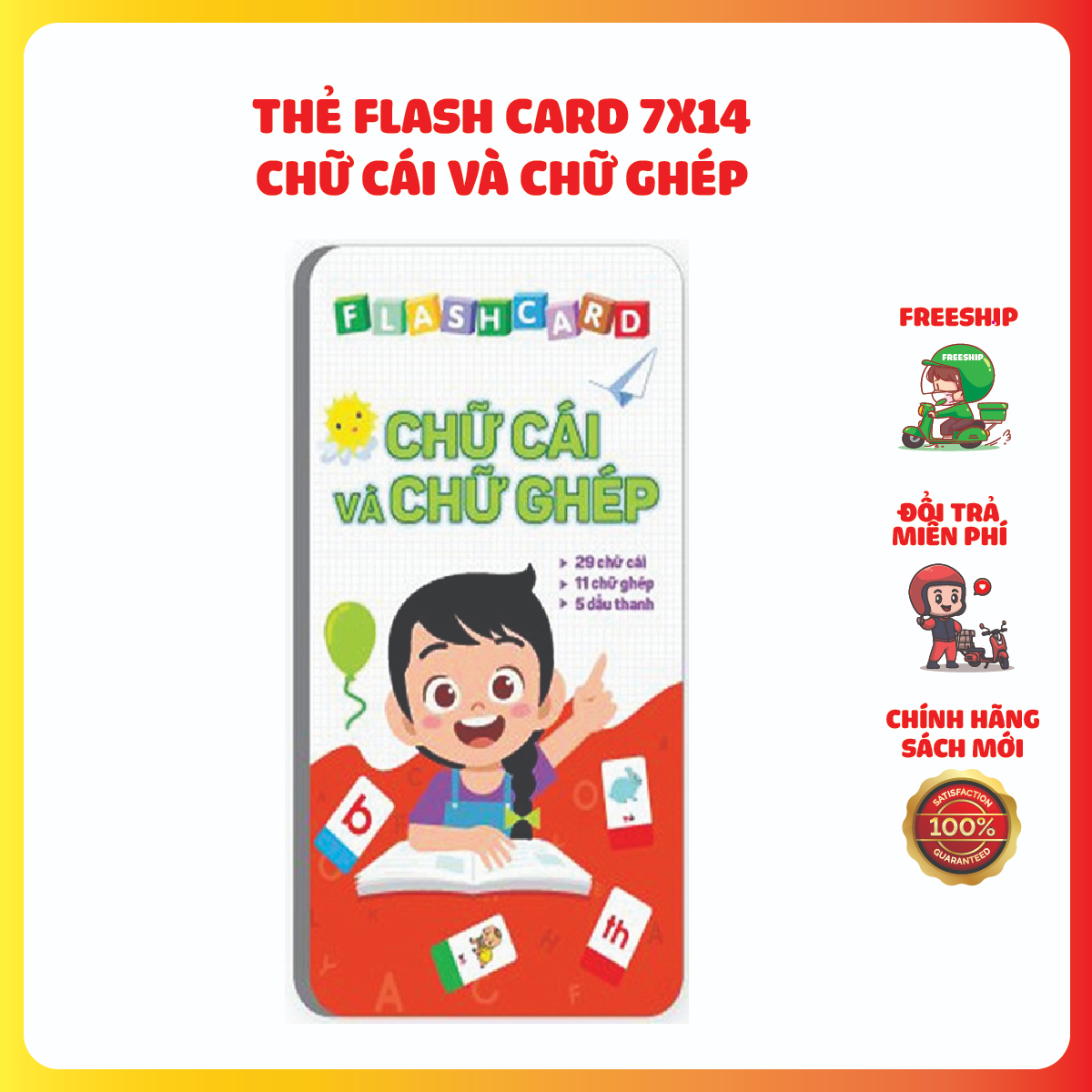 Sách - Flash Card Bộ thẻ học CHỮ CÁI - CHỮ GHÉP có mẫu chữ viết - 29 chữ cái - 11 chữ ghép - 5 dấu thanh (7 x 14 cm)