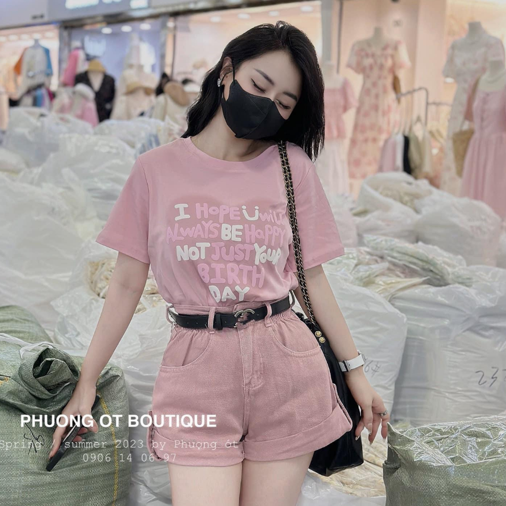 Set Bộ Đồ Hồng Áo Phông Hồng In Chữ Ngắn Tay Mix Quấn Sooc Đùi Kaki 2 Da Ống Rộng Kèm Đai Freesize