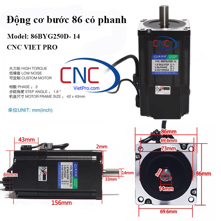 Động cơ bước 86 có phanh từ CNCVietPro 86BYG250D 8.5nm có thắng từ