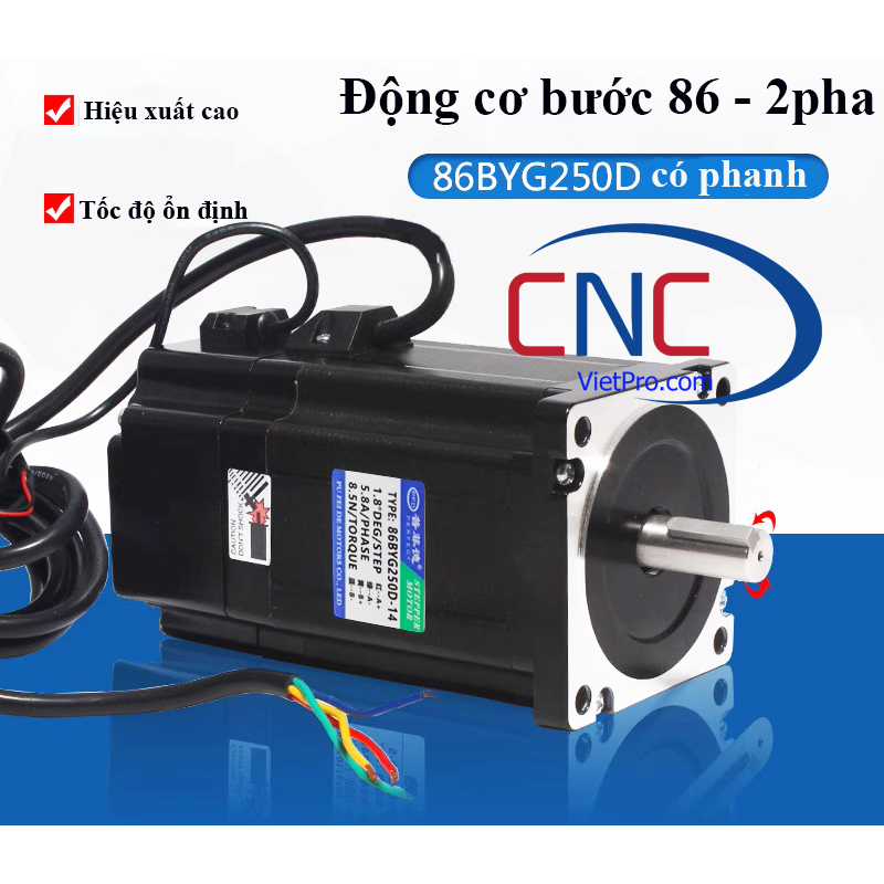 Động cơ bước 86 có phanh từ CNCVietPro 86BYG250D 8.5nm có thắng từ