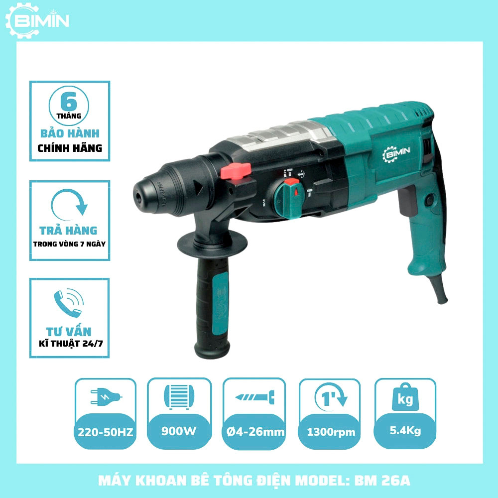 MÁY KHOAN ĐỤC BÊ TÔNG 3 chức năng 800W, khoan bê tông, đục bê tông Chính hãng BIMIN kèm theo 2 mũi đ