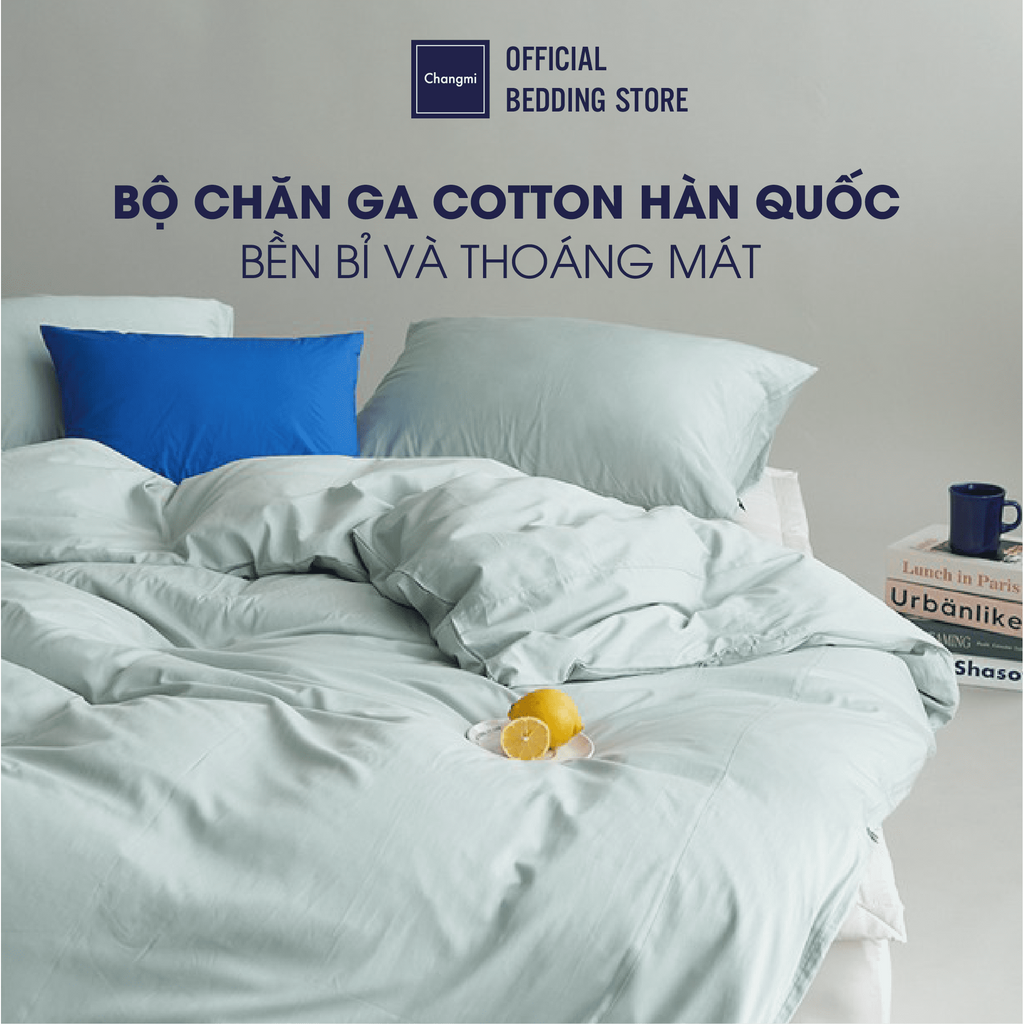 Bộ chăn ga Changmi Bedding 100% Cotton Sateen Xanh Mint Cao Cấp Hàn Quốc thoáng mát, siêu bền