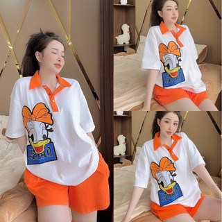 Đồ bộ nữ, set đồ bộ ngố quần đùi có túi và áo ngắn tay cổ sơ mi form rộng thêu hình vịt vải thun cotton, bộ đồ ngố M455