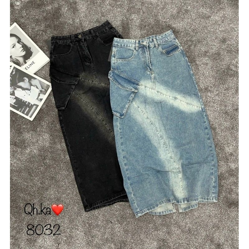 Váy jeans dài túi lệch hàng QC L1